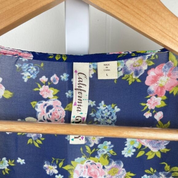 California Gypsy Blue Floral Sheer‎ Kimono Coverup Cardigan Top Womens Large - Picture 5 of 5